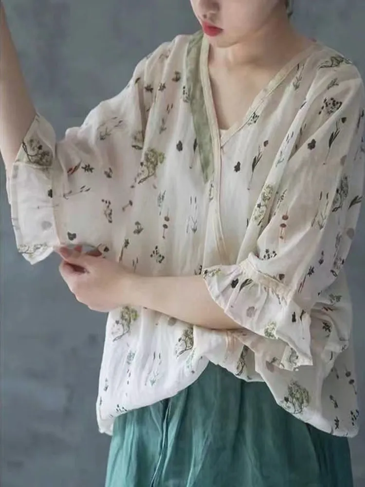 Nuovo cinese Sle donna estate lino stampa irt vintage costume da tè allentato Top cinque quarti Sve V-Ne traspirante