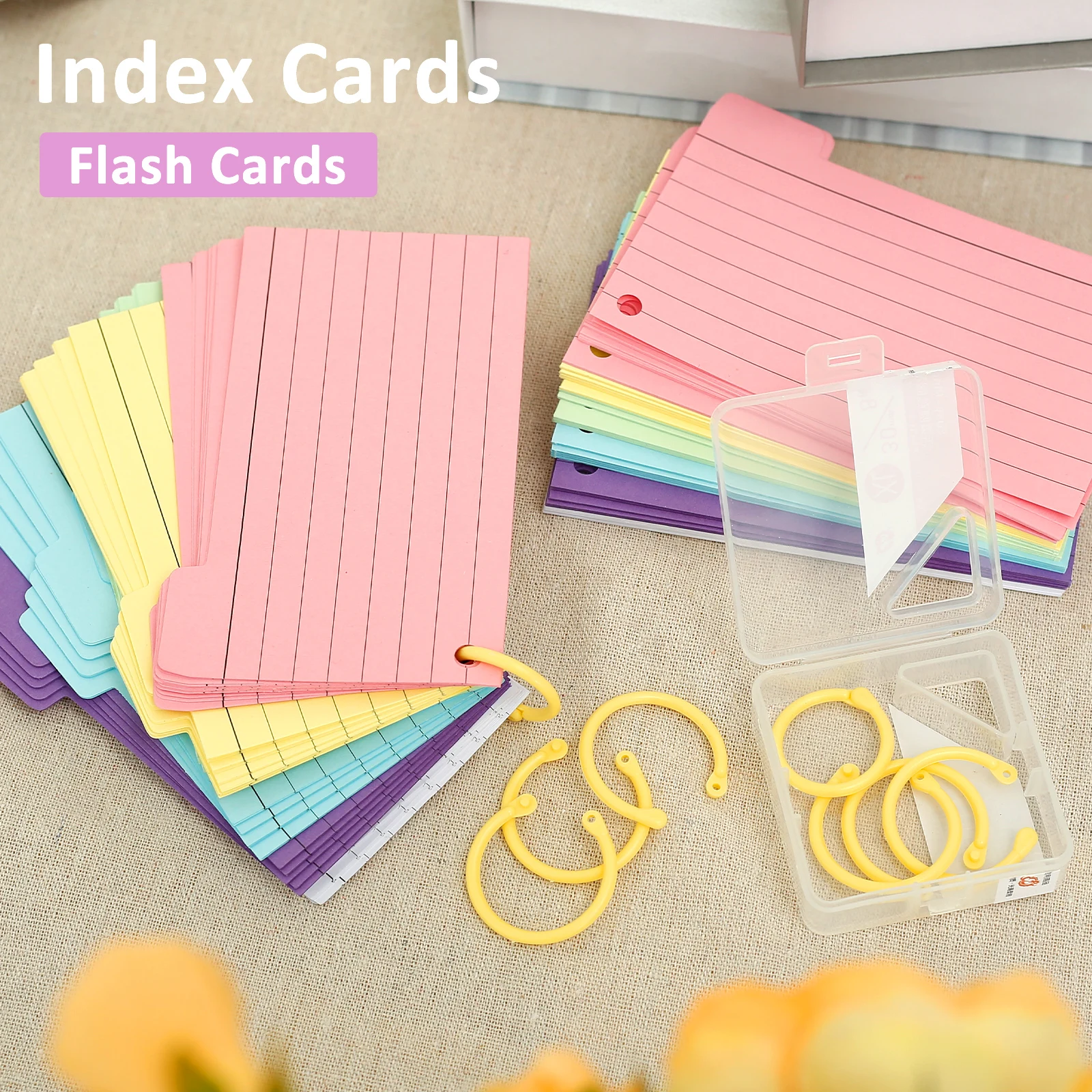 300Pcs Tabbed Index Cards with 8 Binder Rings Portable Index Note Cards 6 Colours Ruled Flash Cards Compact Lined Index Cards