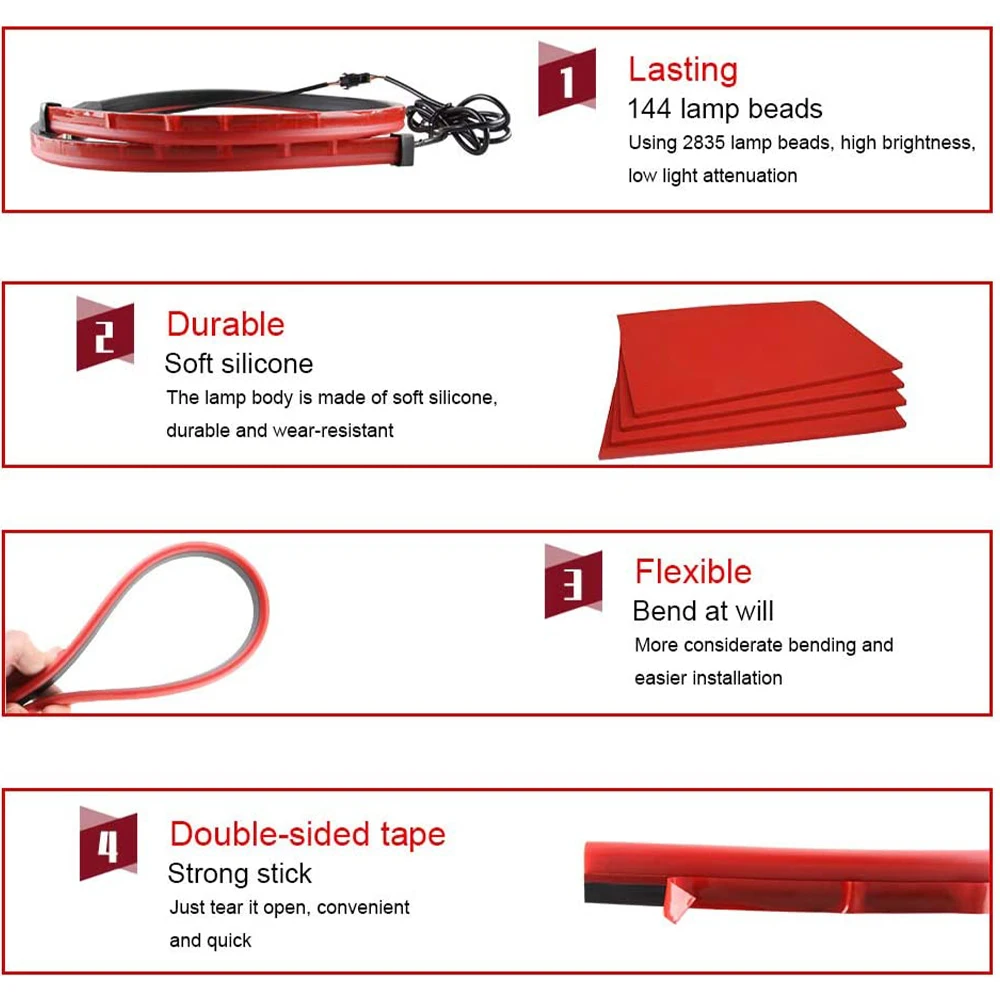 Car Styling High Rear Additional Stop LED Lights Turn Signal Flashing DRL Running Lamp Red Auto Brake Flexible Strips Hood Light - Image 5