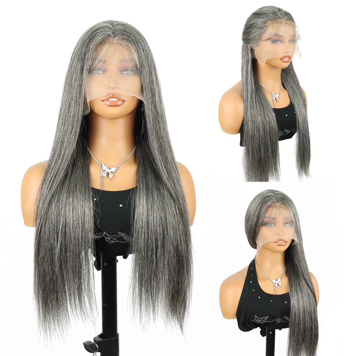 

Silver Grey Straight Lace Front Wig 100% Brazilian HD Transparent Lace Frontal Human Hair Wigs 38 40 Inch Pre Plucked For Women