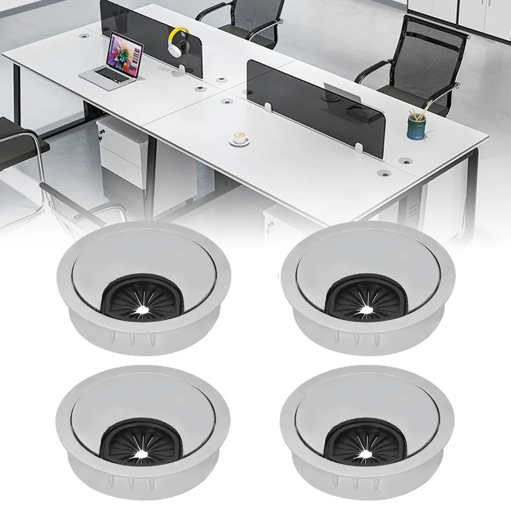 4PCS Sturdy Zinc Alloy Wire Hole Cover 2 Inch Brushed Silver Desk Cable Grommet Cable Hole Cover Desktop Organizer