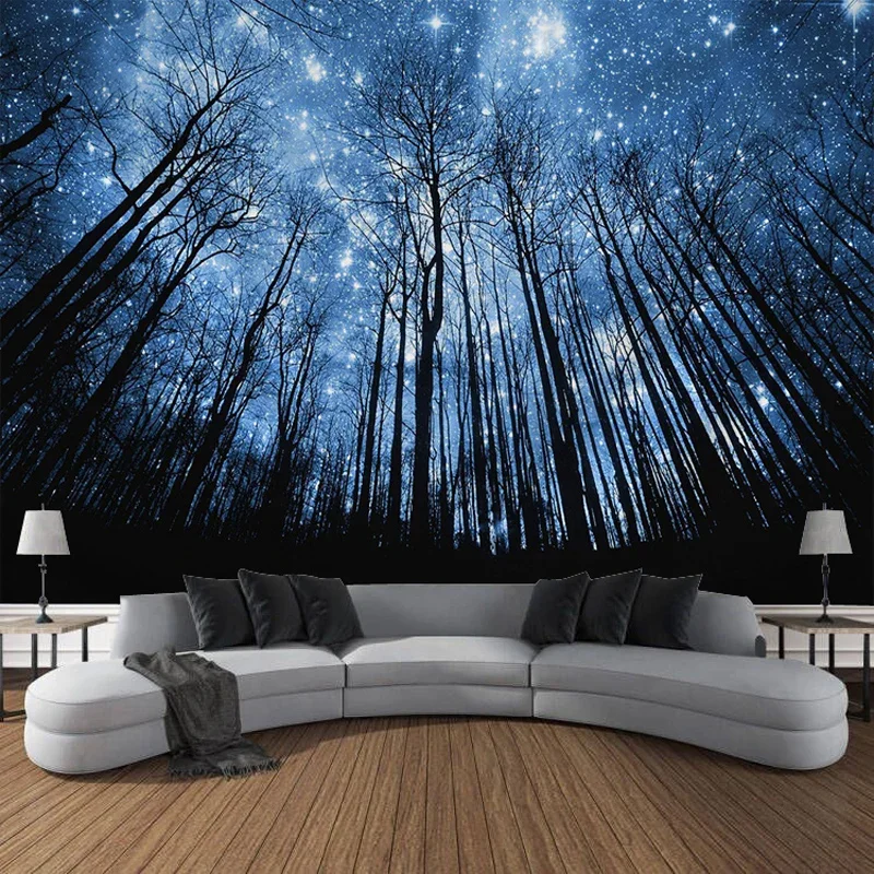 Starry Forest Night View Moon Landscape Wall Tapestry Art Decorative Blanket Curtain Hanging Home Bedroom Living Room Decoration