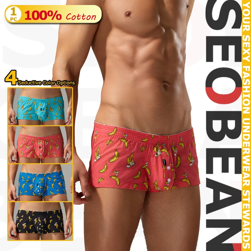 SEOBEAN Men's Cotton Boxer Shorts Sexy Soft Breathable Lounge Sleep Bottoms Comfortable Home Underwear for Daily Wear
