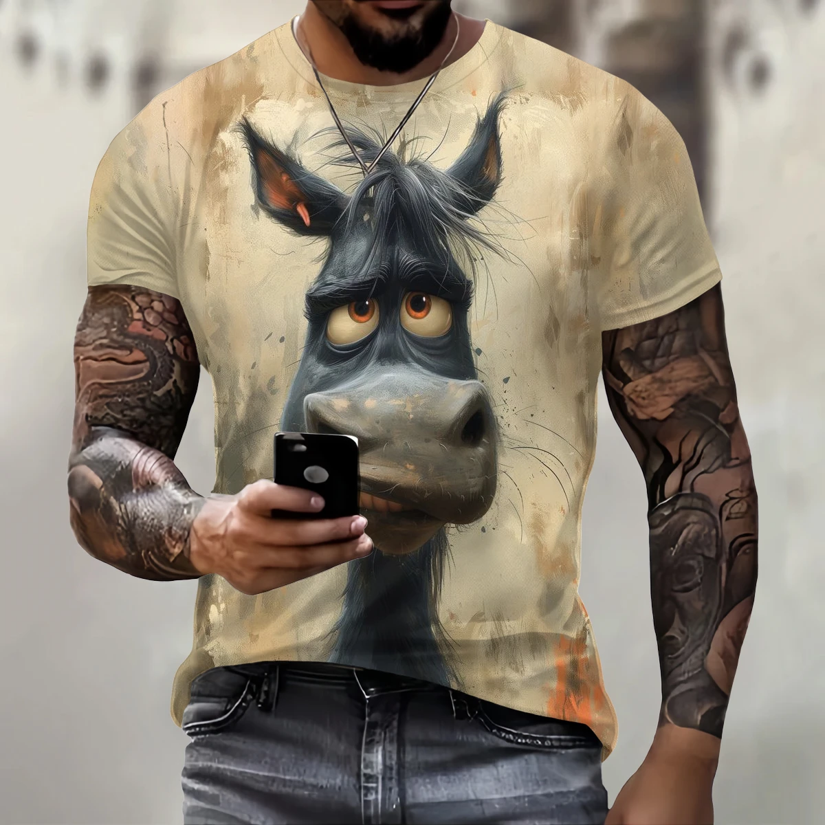 Nadruk 3D zainteresowanie zwierząt Element T-Shirt dla mężczyzn z okrągłym dekoltem Trend męski T shirt oddychający wygodny krótki rękaw męski Top