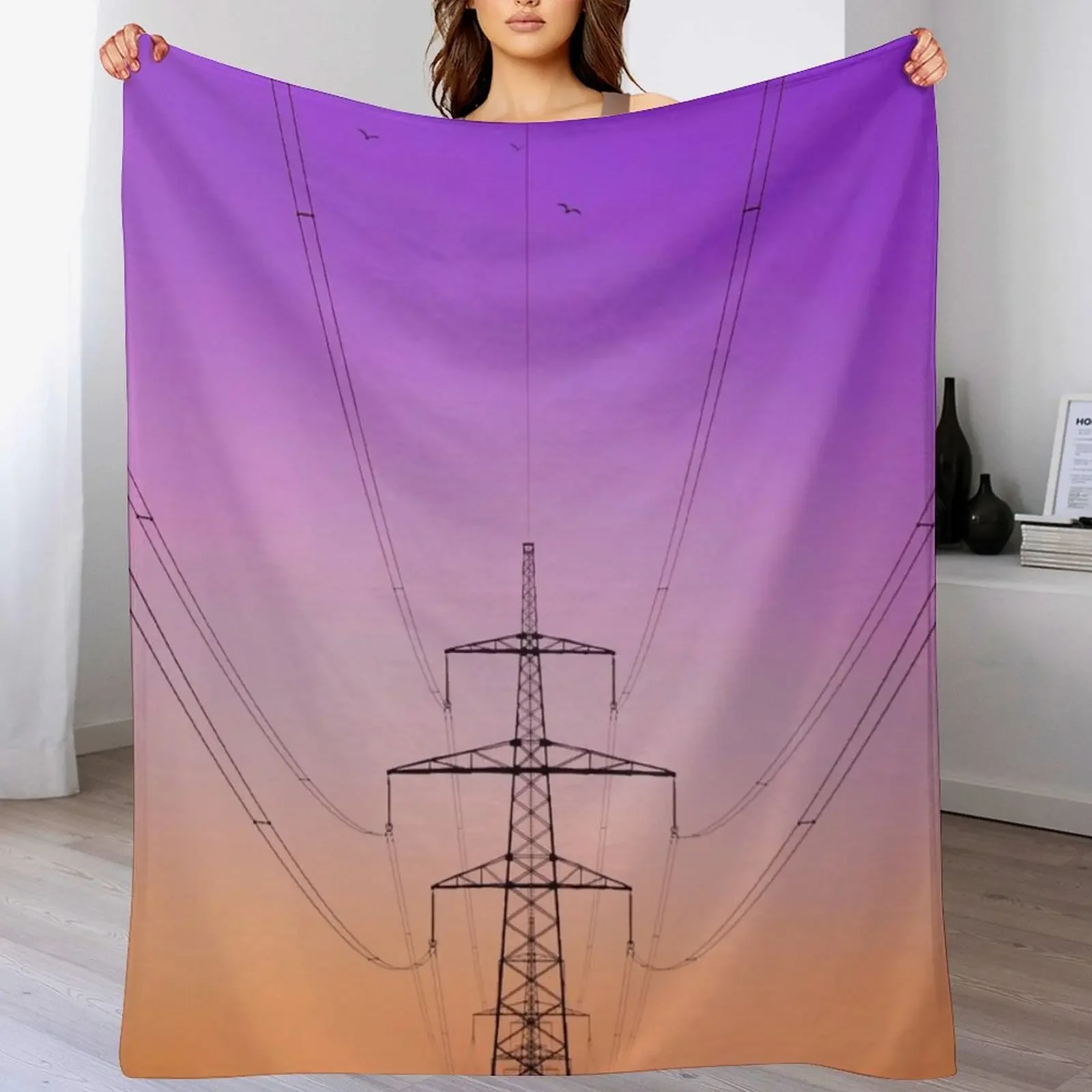 Electric Power Line Pylon With Purple And Orange Gradient Throw Blanket Wrinkle Resistant Lightweight Blanket