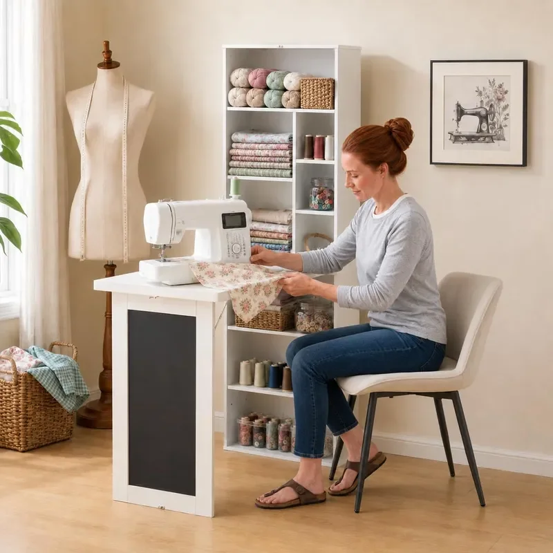 Folding Sewing Table Cabinet with Blackboard Storage Shelves Space Saving Convertible Writing Desk for Craft Room Home Office