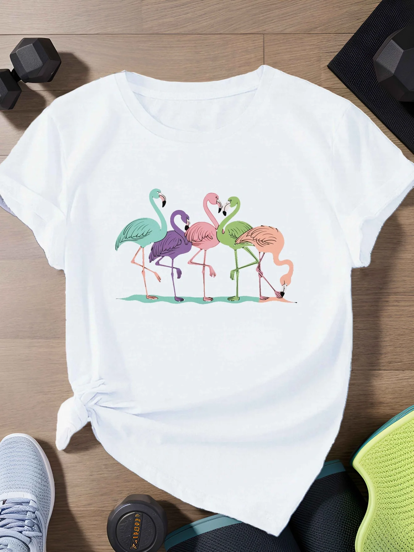 Camiseta deportiva de manga corta de talla grande para mujer, cinco flamencos en una fila, expresiones, ropa para mujer