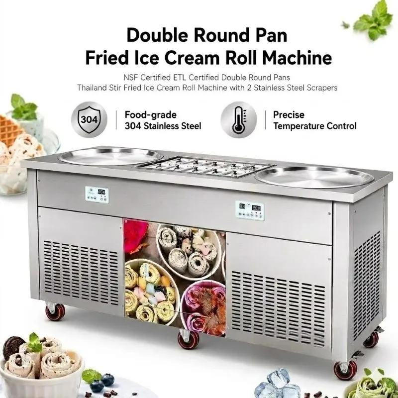 Double Round Pans Thailand Stir Fried Ice Cream Roll Machine With 2 Stainless Steel Scrapers Customized