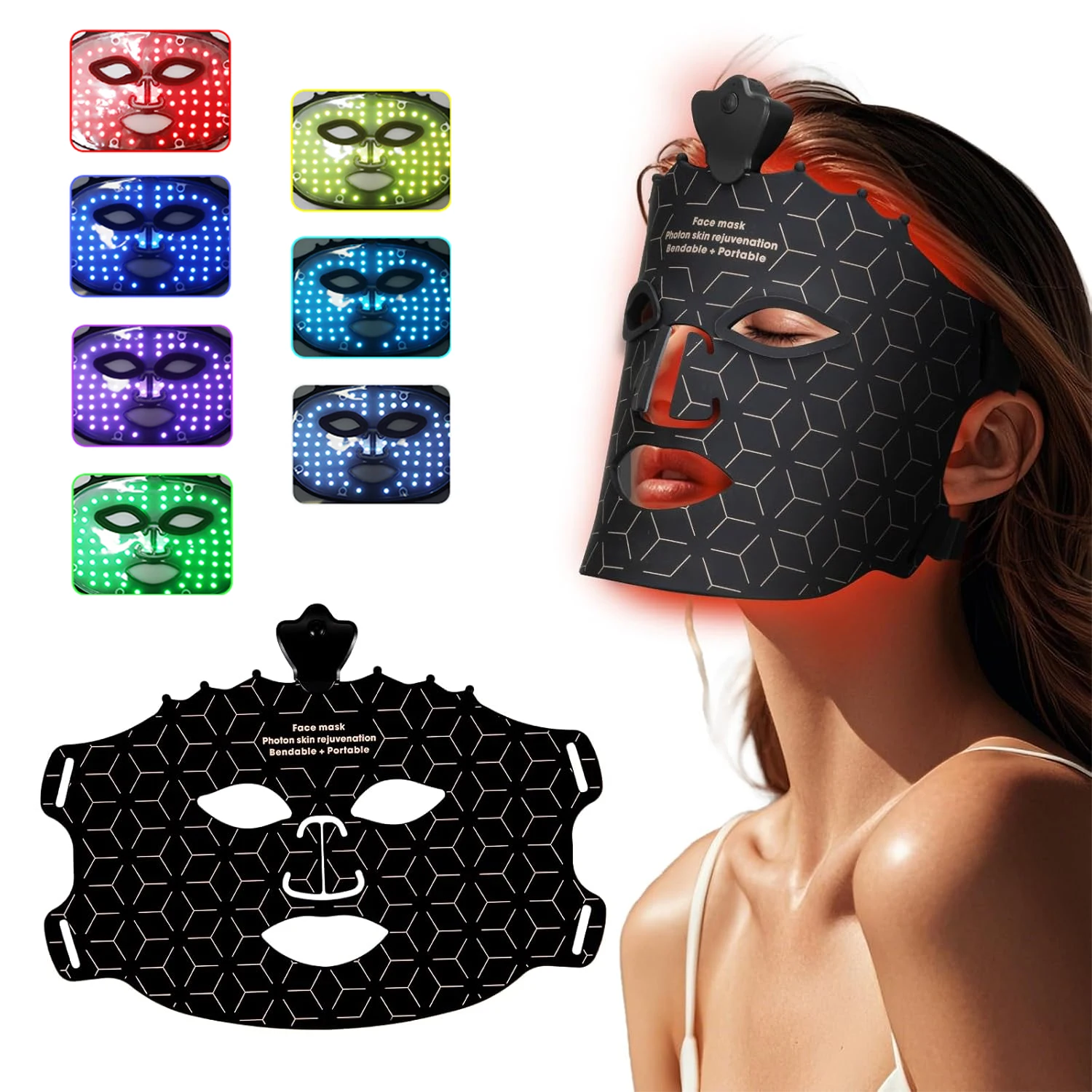 Silikon-LED-Gesichtsmaske, 7-farbige Rotlichttherapie-Maske, Hautpflege zu Hause, mit Augenschutzkissen für Anti-Aging-Falten