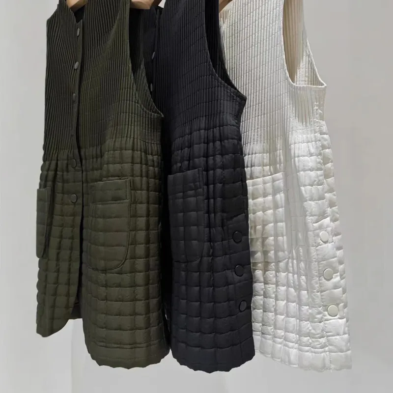 YFPF Autumn Winter New Women's Vest Coat Pleated Design Sleeveless Button Solid Color Casual Jacket Fashion 2025 Clothing