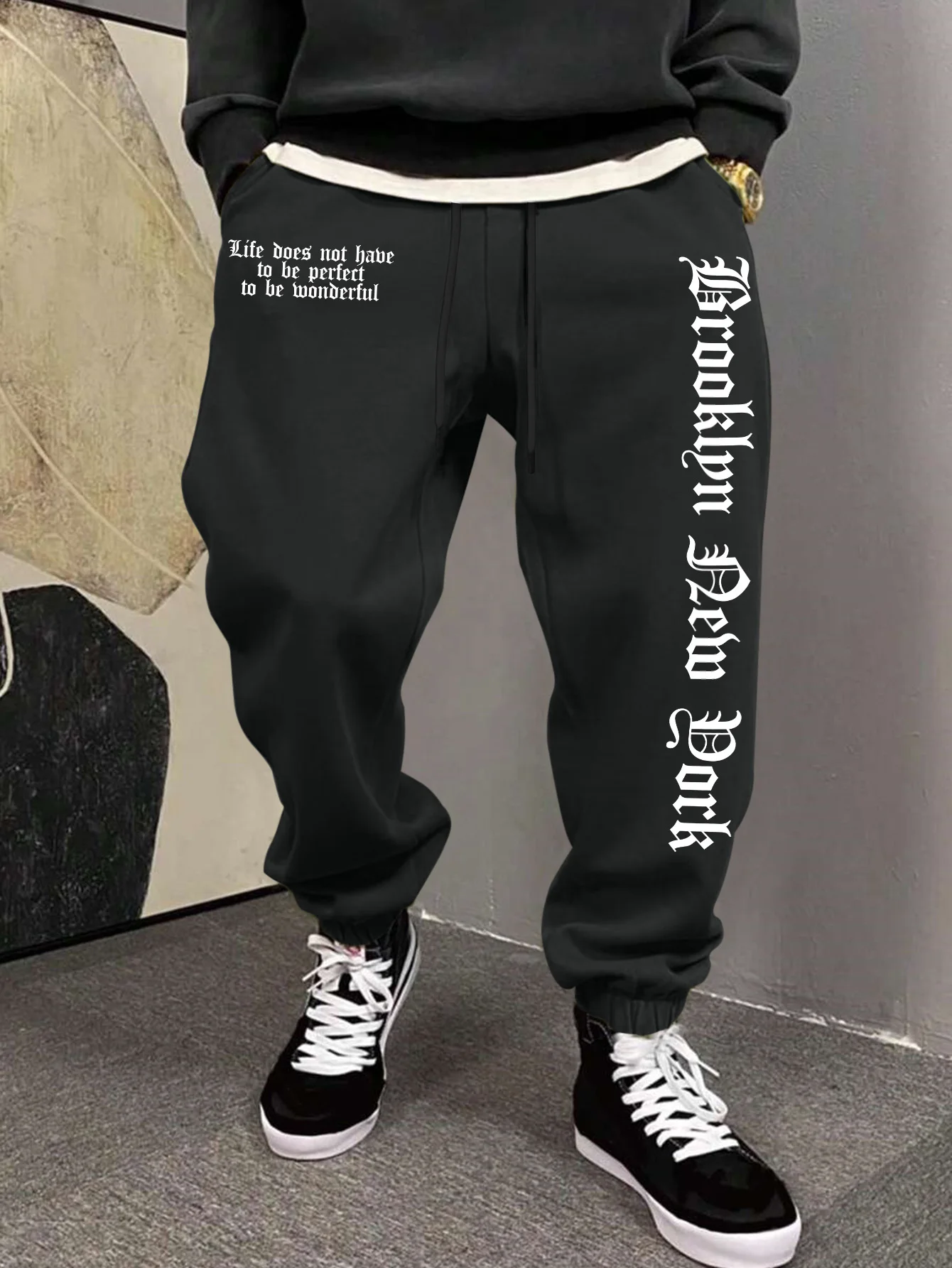 Men's Aesthetic NYC Life Slogan Art Print Sweatpants Elastic Waist Joggers Cozy Daily Hip Hop Street Fashion Bottoms