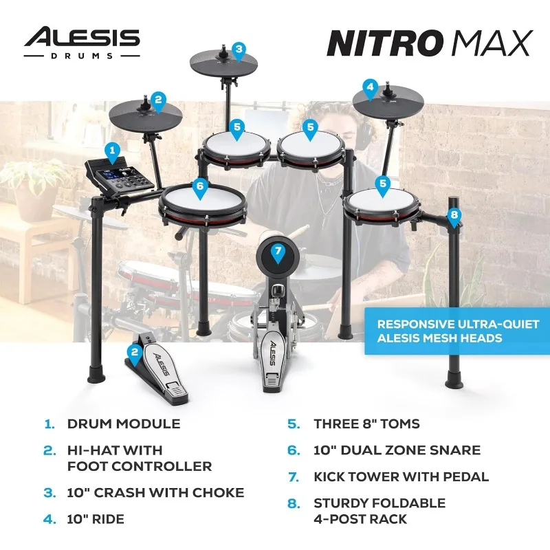 Kit de batterie électrique Nitro Max avec coussinets en maille silencieuse, 10 "Tourists Zone Snare, Bluetooth, 440 + sons authentiques, pilons, USB ACity I