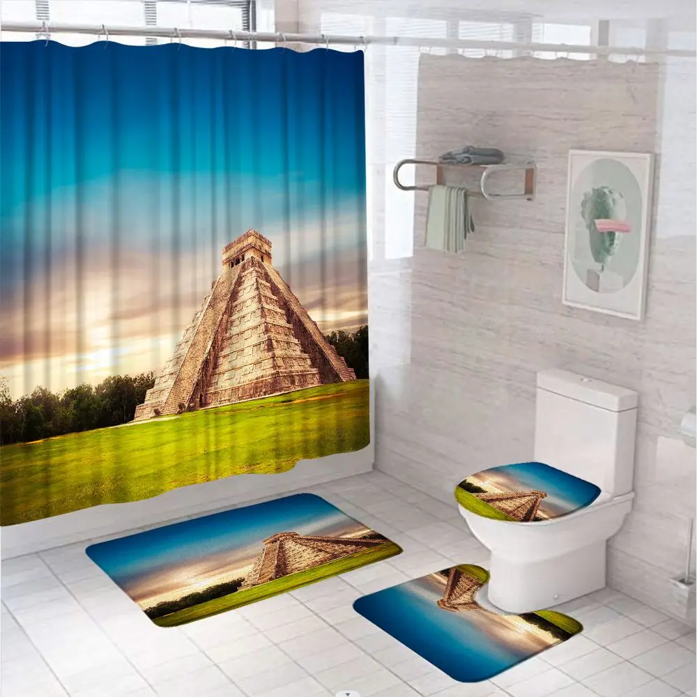 

Egyptian Pyramids Shower Curtain Sets African Tribe Famous Buildings Scenery Bathroom Screen Anti-slip Rug Bath Mat Toilet Cover