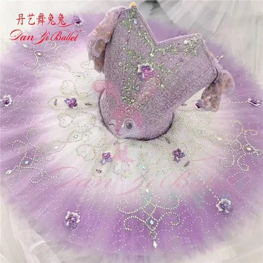 Traje de ballet profesional falda de disco dividido falda tutú púrpura lila traje de competición actuación para adultos y niños