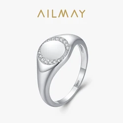 Ailmay Real 925 Sterling Silver Personality Round Clear CZ Finger Ring For Women Girls Fashion Party Accessories Fine Jewelry