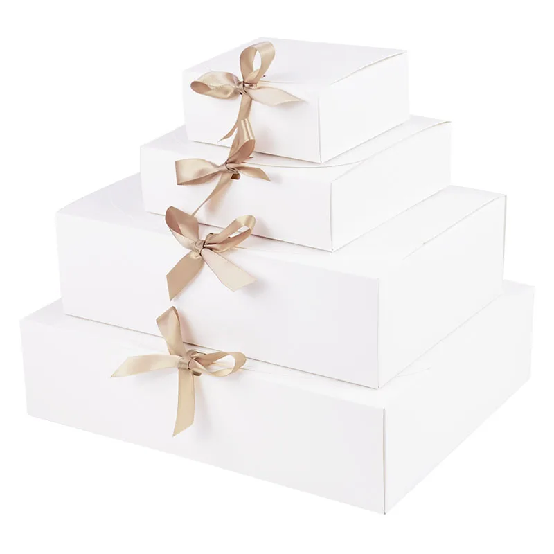 1pc Big Kraft Paper Gifts Box White/Brown Kraft Carton Packaging Boxes With Bow Wedding Birthday Party Candy Package Supplies