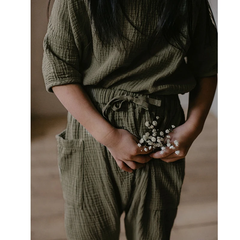 Pantaloni per bambini in mussola di cotone 100% primavera estate nuovi pantaloni Casual con coulisse per ragazzi e ragazze con tasche fondo per