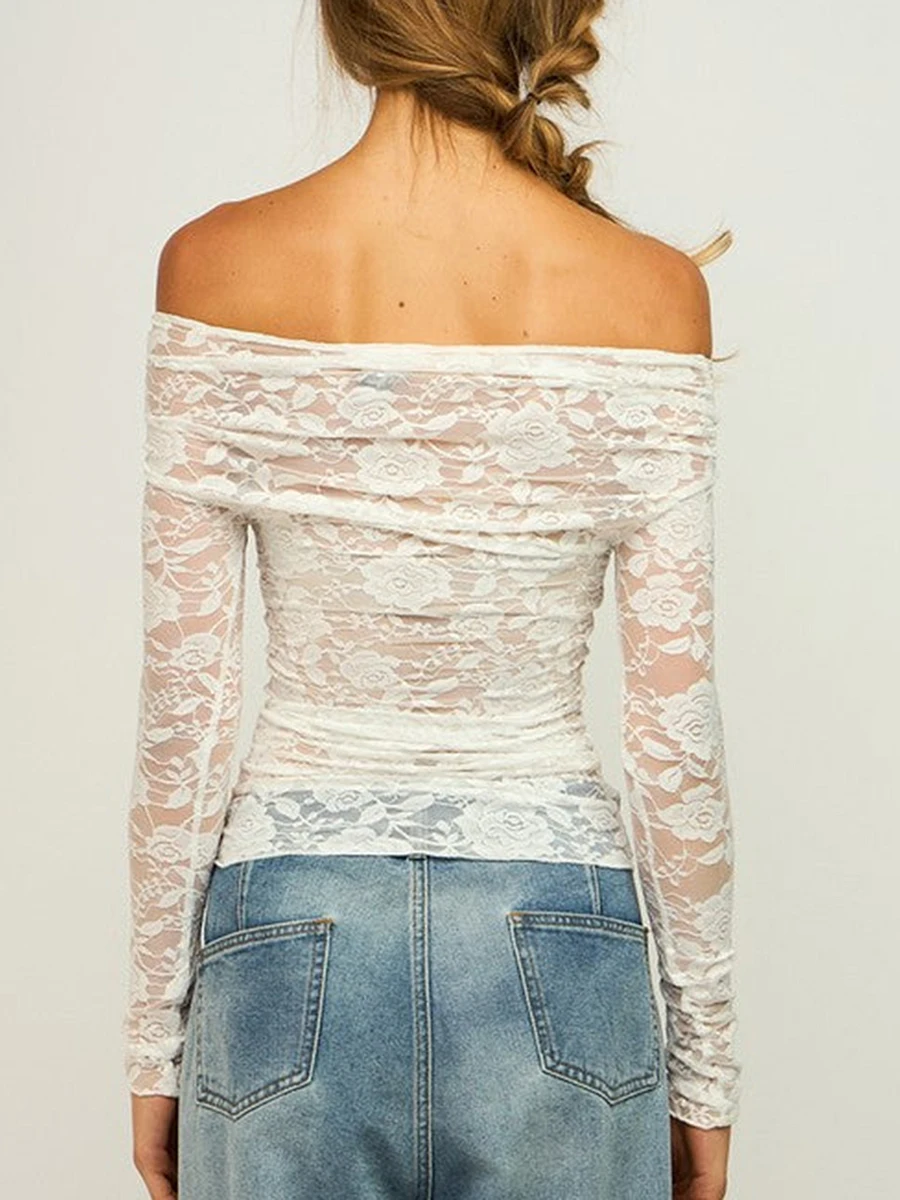 Elegant Floral Lace Off Shoulder Crop Top with Sheer Long Sleeves and Boat Neckline  Fit Design to Showcase Your Waist and