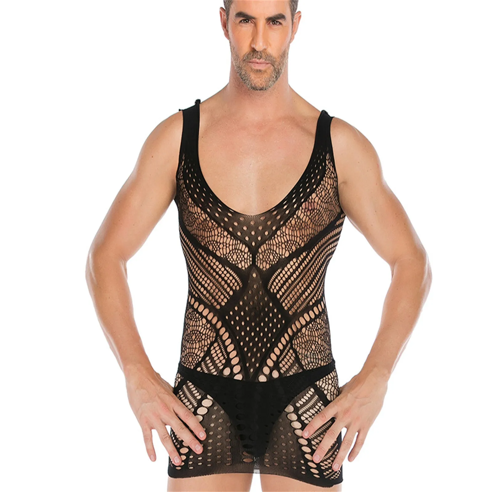 Stoking Jaring-Jaring Seksi Pria Model Terbuka di Bagian Bawah, Bodysuit, Stoking Pro Boot