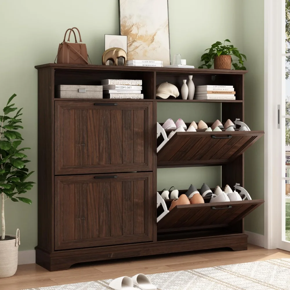 

Shoe Storage Cabinet with 4 Flip Drawers, Farmhouse Modern Hidden Shoes Rack Cabinet with Adjustable Shelves & Open Storage