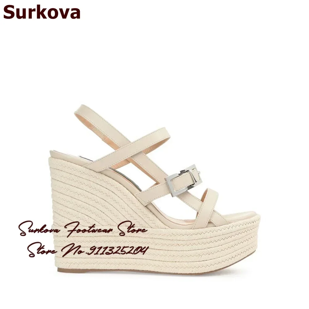 Surkova Platform Espadrille Wedge Heel Sandals Army Green Beige Nude Matte Leather Strappy Dress Shoes Buckle Strap Pumps