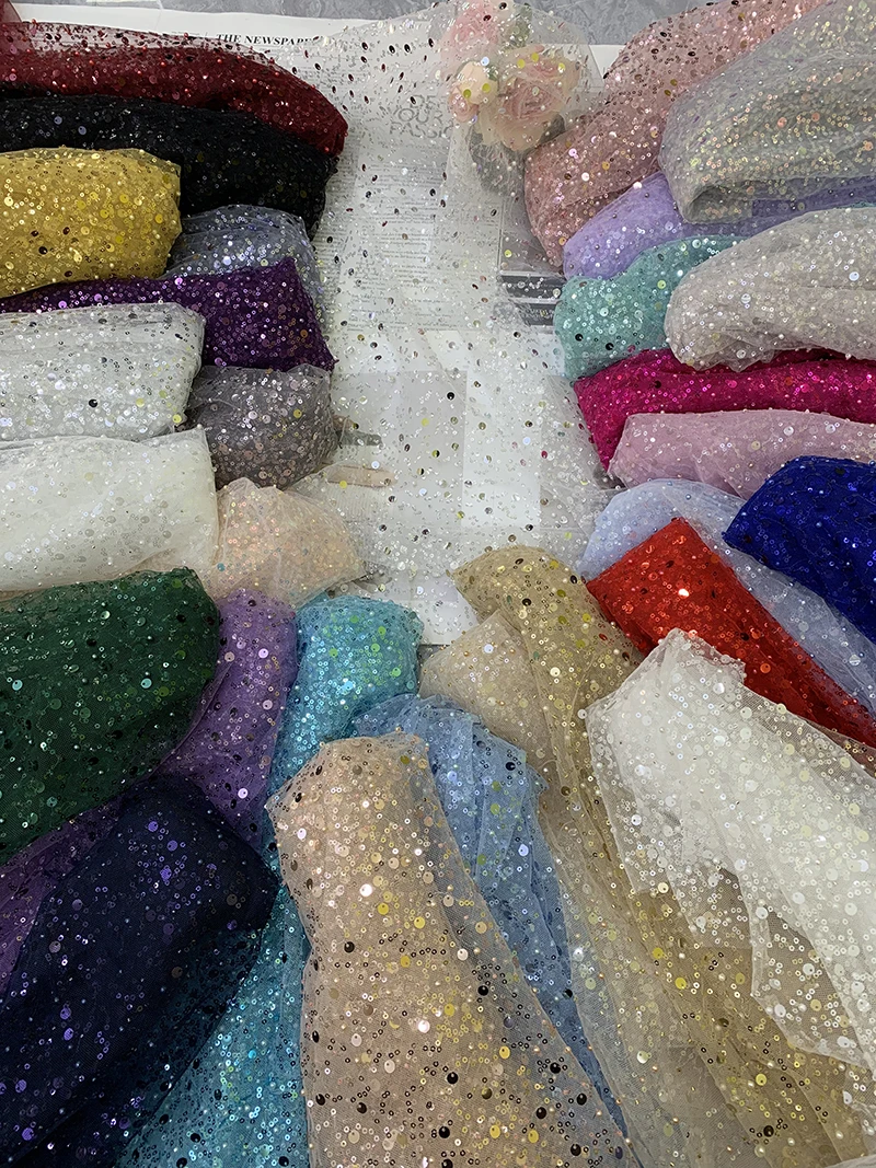 Mistlace 5 Yards Multicolor Mixed-size Sequin Tulle Fabric , Sheer Glitter Mesh Cloth Low Density for Evening Gown ML309