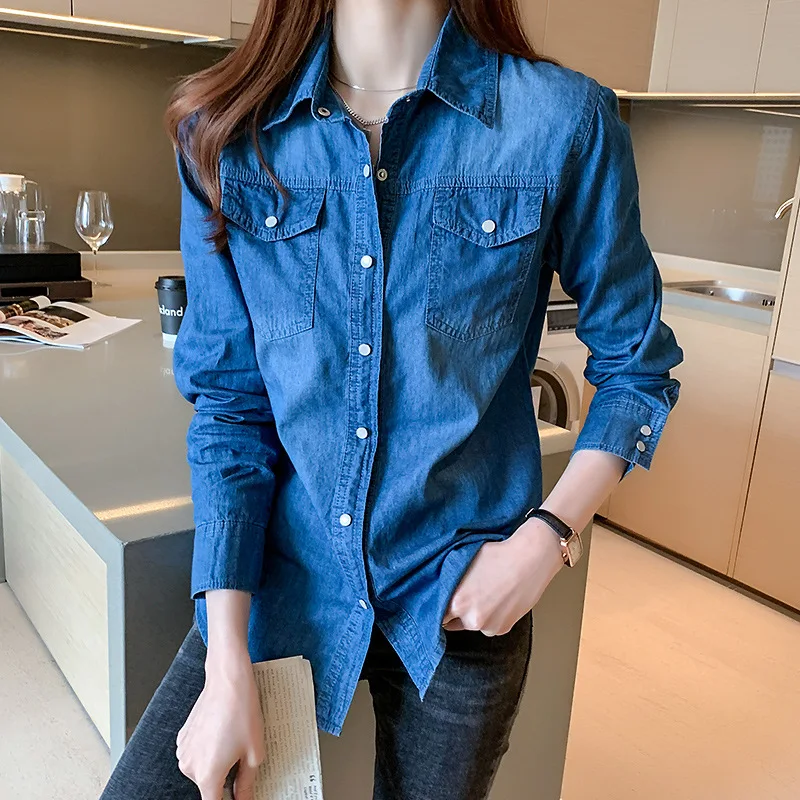 Autumn Lady Denim Blouse Cotton Lapel Rolled Sleeve Metal Button Shirt Women Casual Single Breasted Jeans Top blusas para mujer