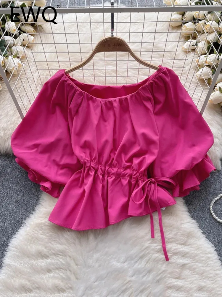 EWQ Summer Casual Irregular Blouse Women Round Neck Puff Sleeves Lace-up Gathered Waist Solid Color Tops 2024 New 27C310