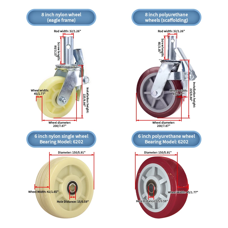 Movable Scaffolding Wheel Steering Wheel Movable Rack Screw Caster 6 Inch 8 Inch Base Universal Wheel Brake Pulley Bearing