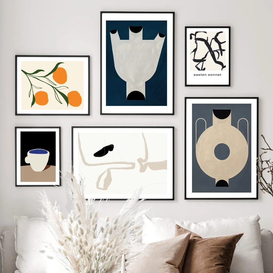Abstract Lines Girl Curve Geometry Leaf Orange Nordic Wall Art Print Canvas Painting Posters for Living Room Modern Home Deco