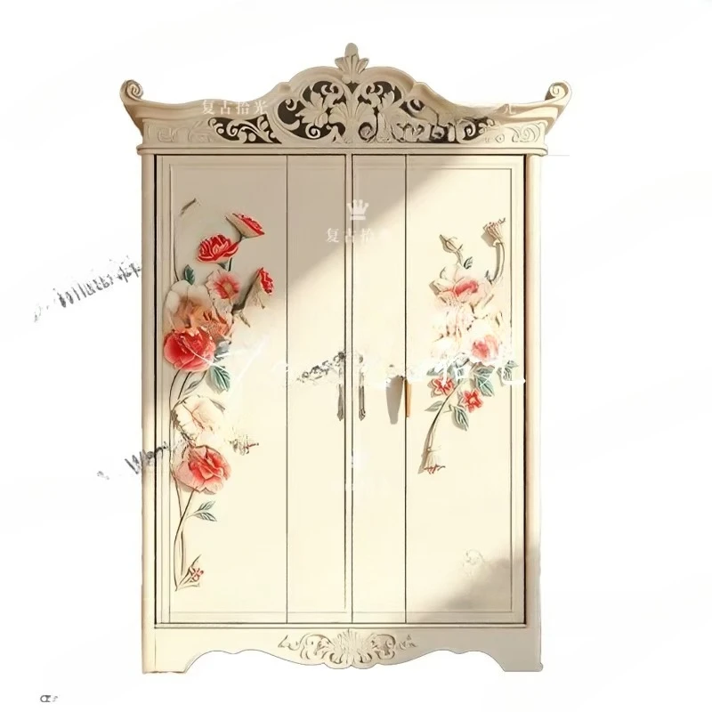Vintage carved wardrobe white double door storage cabinet for home use