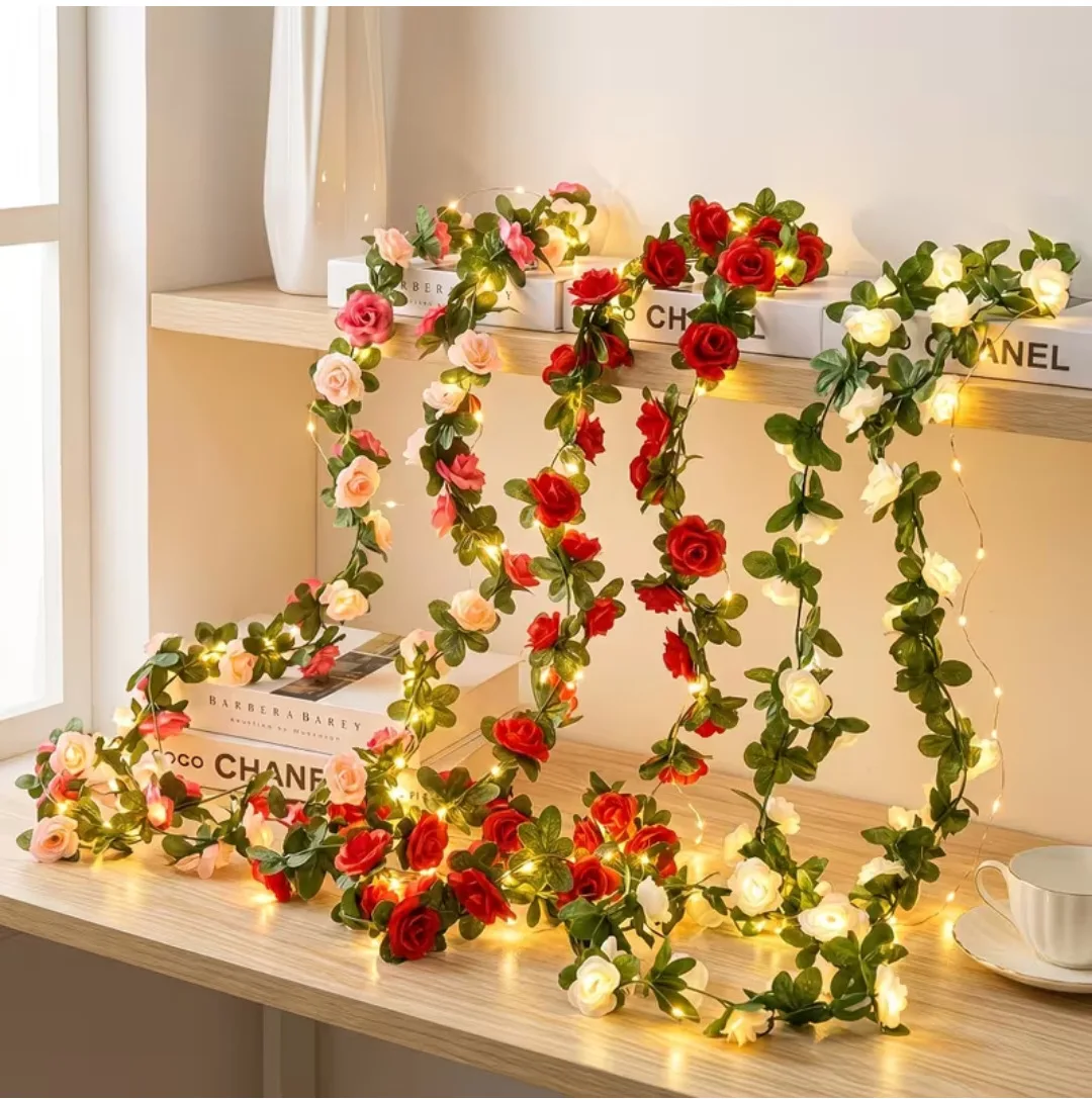 2-Pack 2.3m Rose Garland LED String Light Battery Operated Hanging Flower Vine Light for Christmas Valentine Wedding Gift Decor
