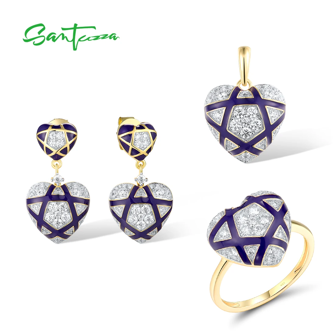 SANTUZZA Real 925 Sterling Silver Jewelry Set For Women White CZ Blue Heat Enamel Fashion Pendant Earrings Ring Fine Jewelry