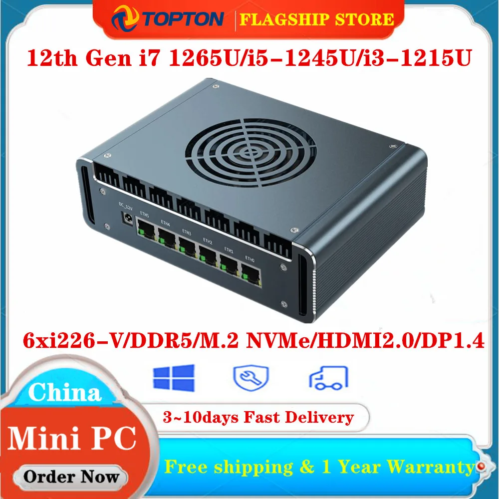 Topton 12. generacji i7 1265U Firewall Mini Computer 6x 2.5G intel i226-V i5 1245U N100 DDR5 NVMe Proxmox pfSense PC Soft Mini Router