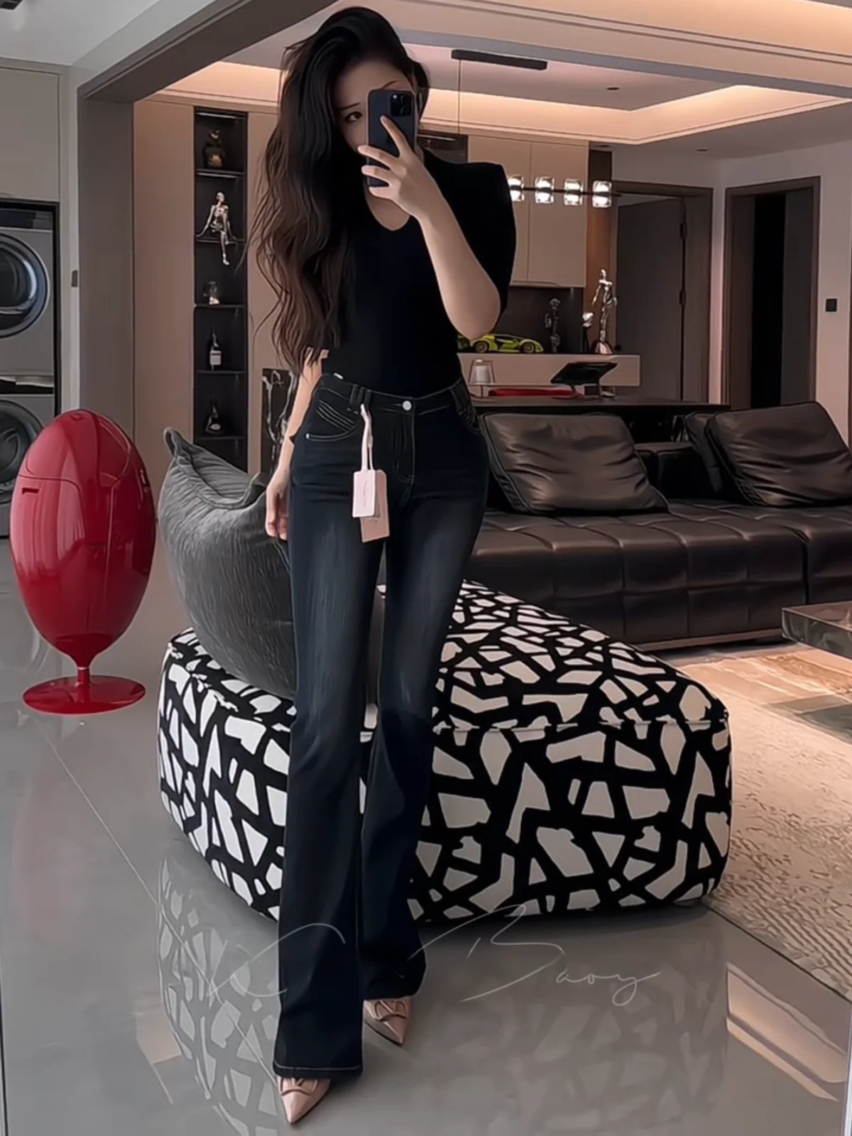 

High Waist Slim Fit Denim Jeans Women's Retro Waed Micro Flared Pants Cotton Stretch Fabric Button Closure Autumn Season