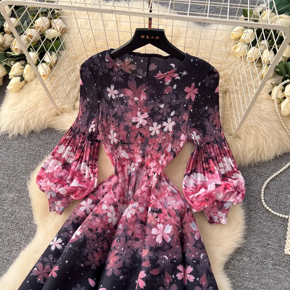 Miyake Pleated Print Dresses 2026 Summer New Round Neck Lantern Sleeve A-Line Flower Bud Dress Elegant Stretch Women's Clothing