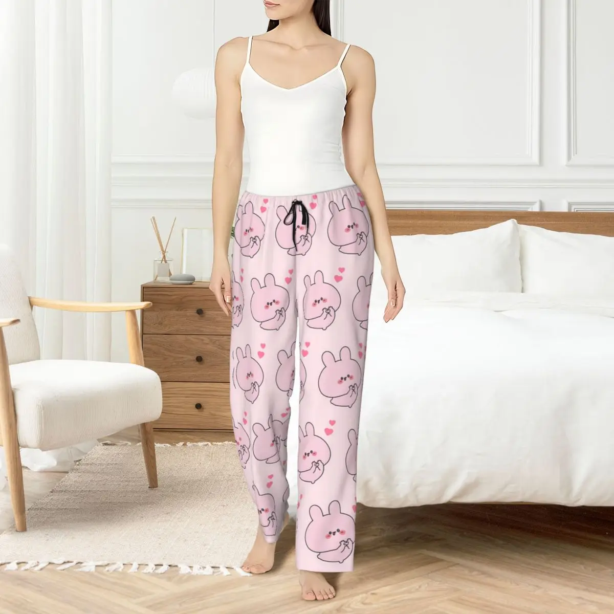 Custom Asamimichan Pajama Pants Sleepwear for Women Elastic Waistband Cute Rabbit Sleep Lounge Bottoms with Pockets