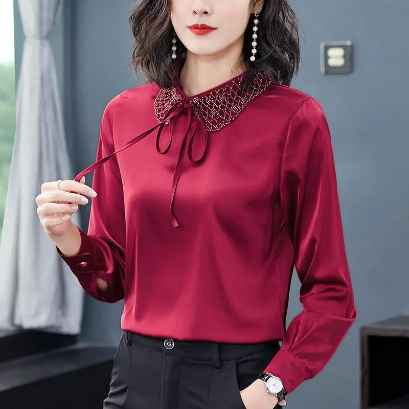 Fashion Peter Pan Collar Beading Shirt Commute Drawstring Women\'s Clothing Spring Autumn Solid Color All-match Straight Blouse