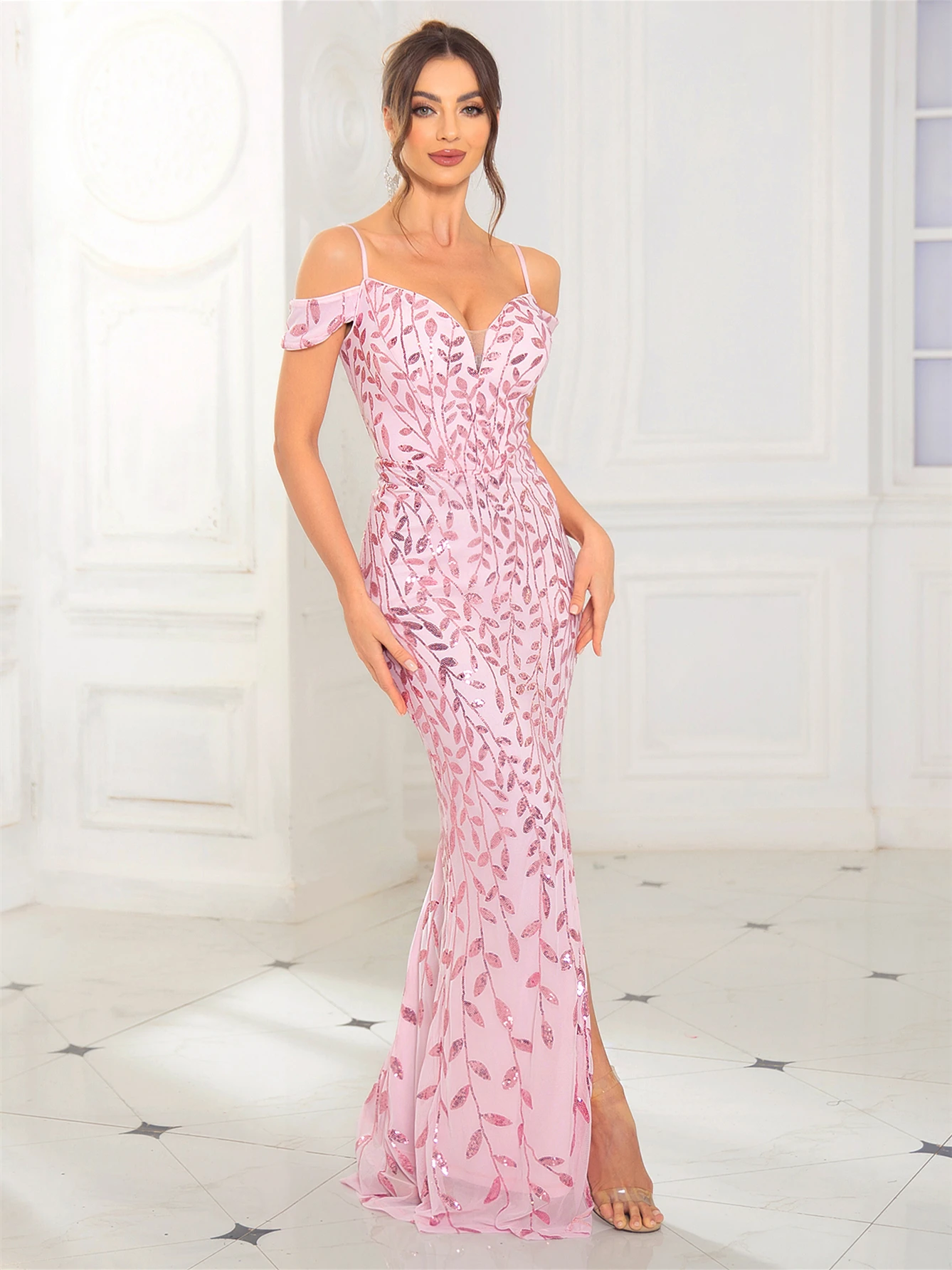 

Romagic Sequined Off The Shoulder Slit Side Long Mermaid Women Evening Dress Spaghetti Strap Sexy Open Back Lace Up Party Gown