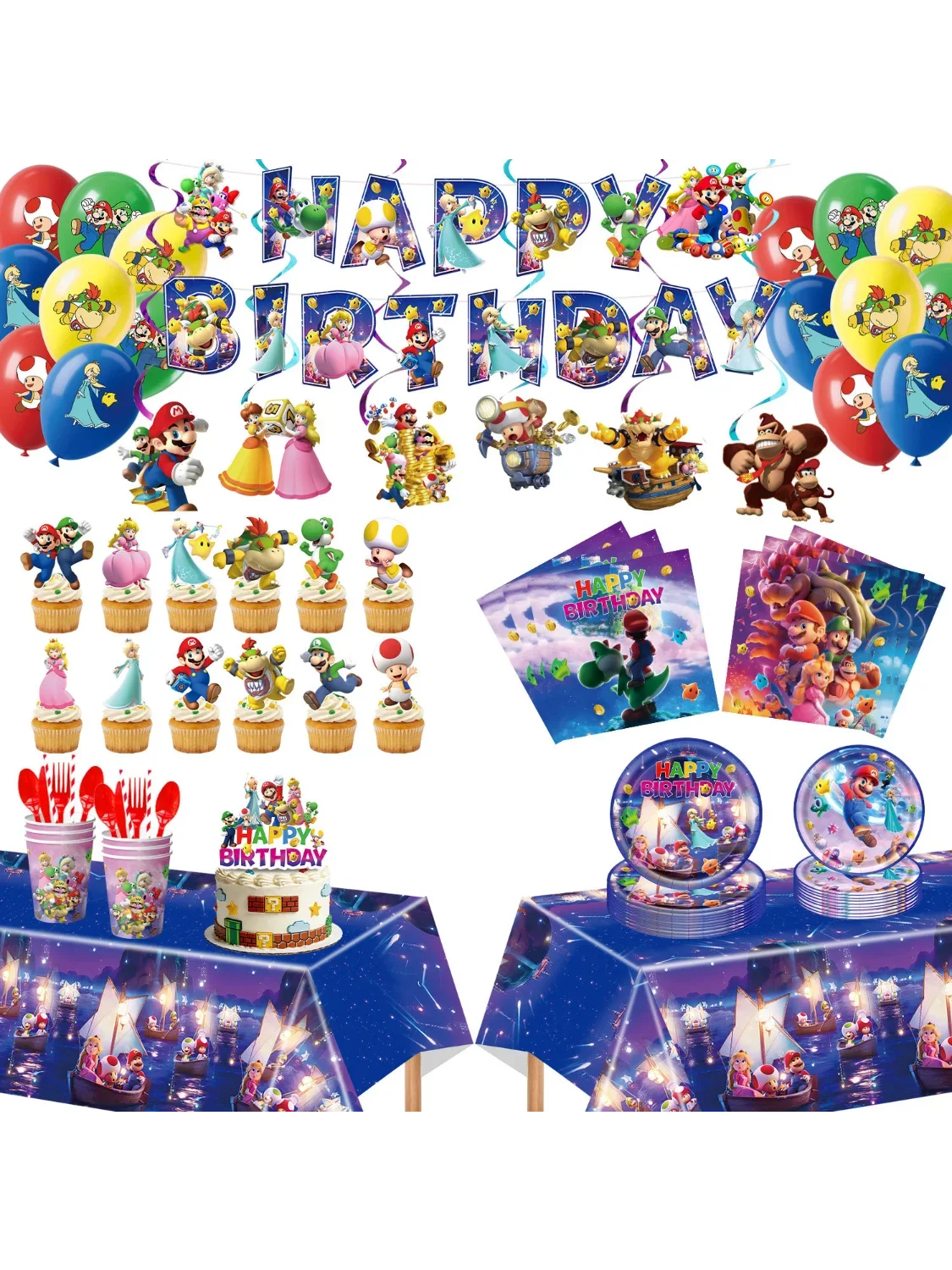 Mario Komplettes Geburtstagsparty-Set Galaxis-Mario Themen-Dekorationskit mit Banner, Luftballons, Tischgeschirr und Kuchendekoration für Kinder