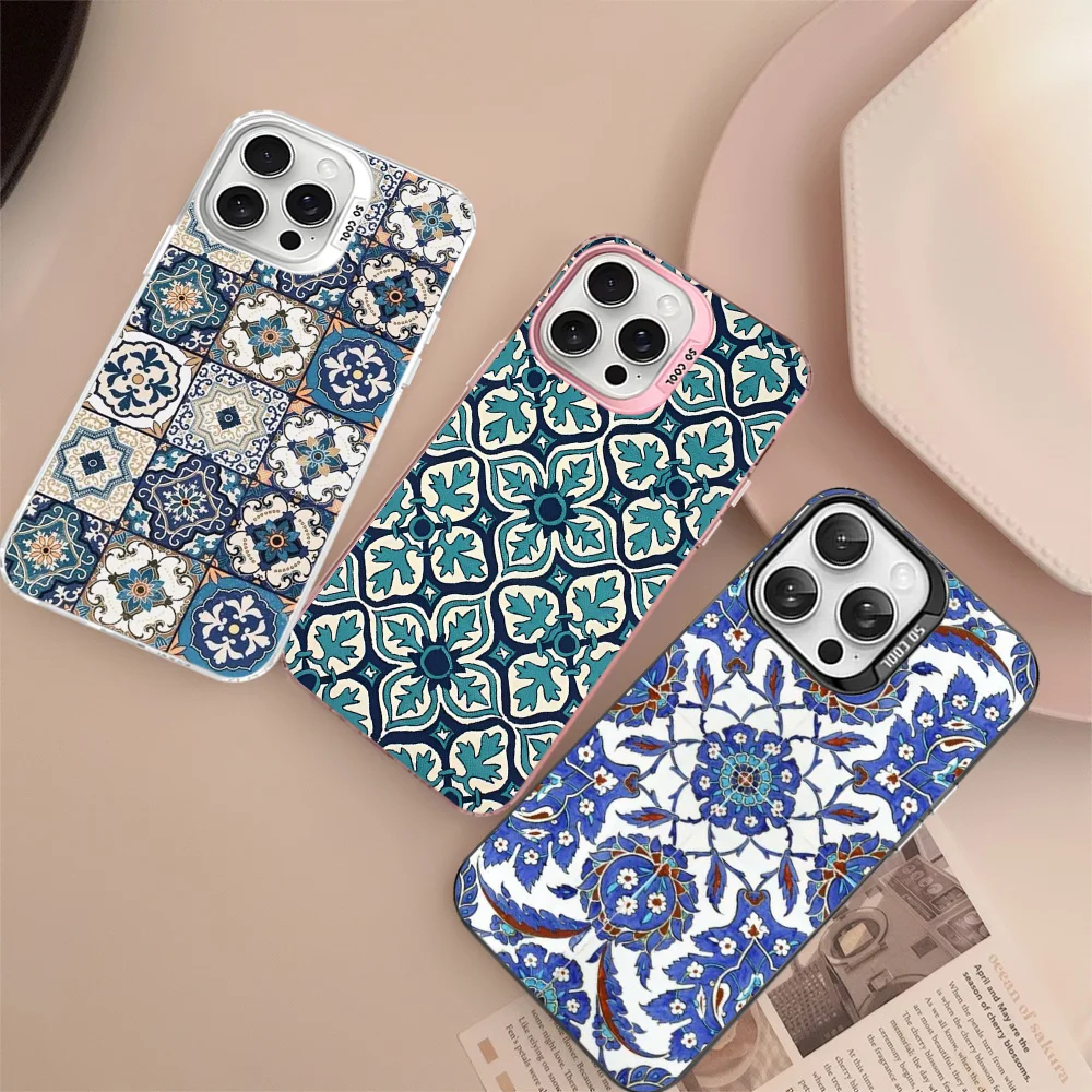 Coque de tlphone en carreaux maills portugais pour iPhone, coque arrire antichoc pour iPhone 16, 15, 14, 13, 12, 11 Pro Max, X, Poly, XS MAX, 8, 7 Plus, 256