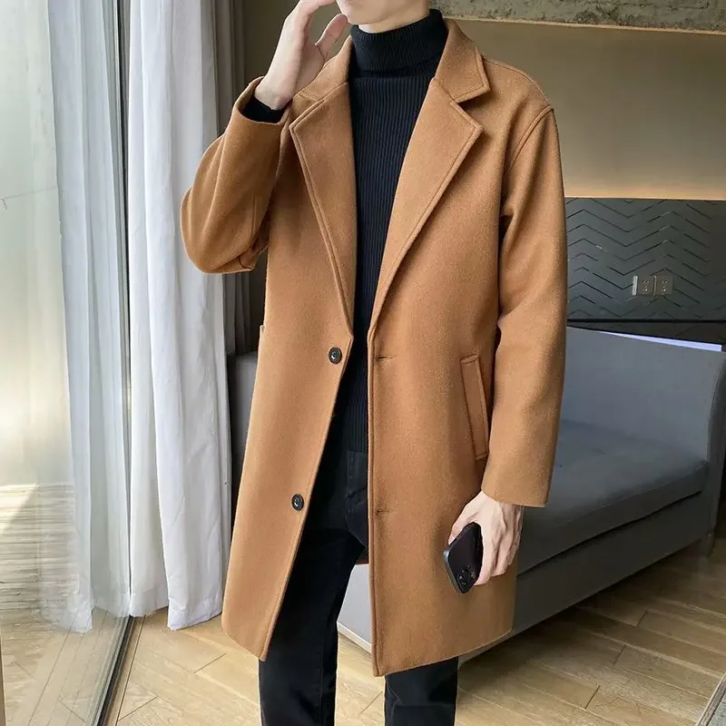 

2023- Fine Male Korean Version of Medium Length Casual Slim Solid Color Trend British Style Fashion with Trench Coat Woolen Coat