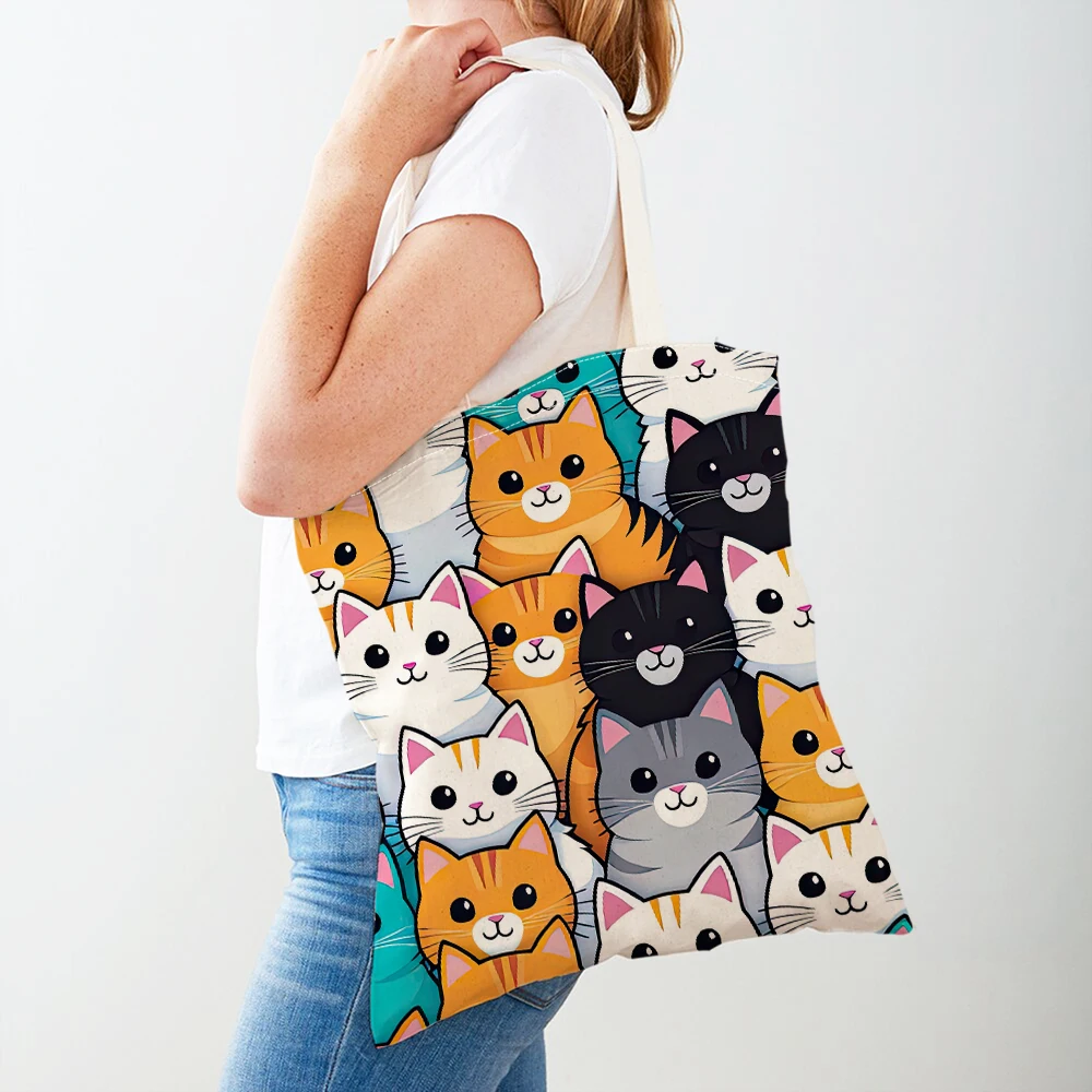 Cute Cartoon Cat Women Shopper Bags Tote Double Print Watercolor Pet Animal Travel Shoulder Handbag Shopping Bag Children Gift