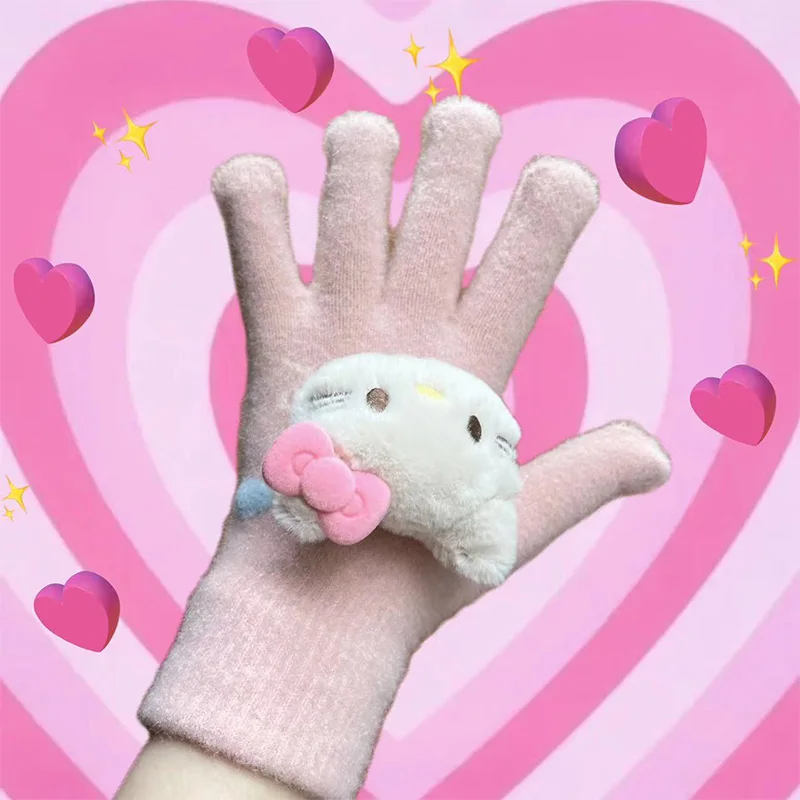 

Hello Kitty Winter Touch Screen Gloves Apparel Accessories Thickened Knitted Wool and Velvet To Keep Warm Y2k Cycling Gloves