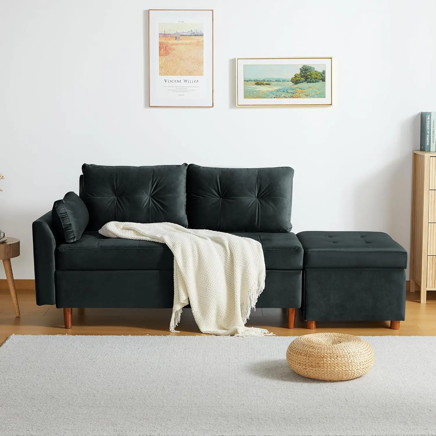 Sectional Sofa Chaise, Small L-Shaped Loveseat Couch with Storage Ottoman, Comfy Upholstered Sleeper Sofas Velvet Chaise