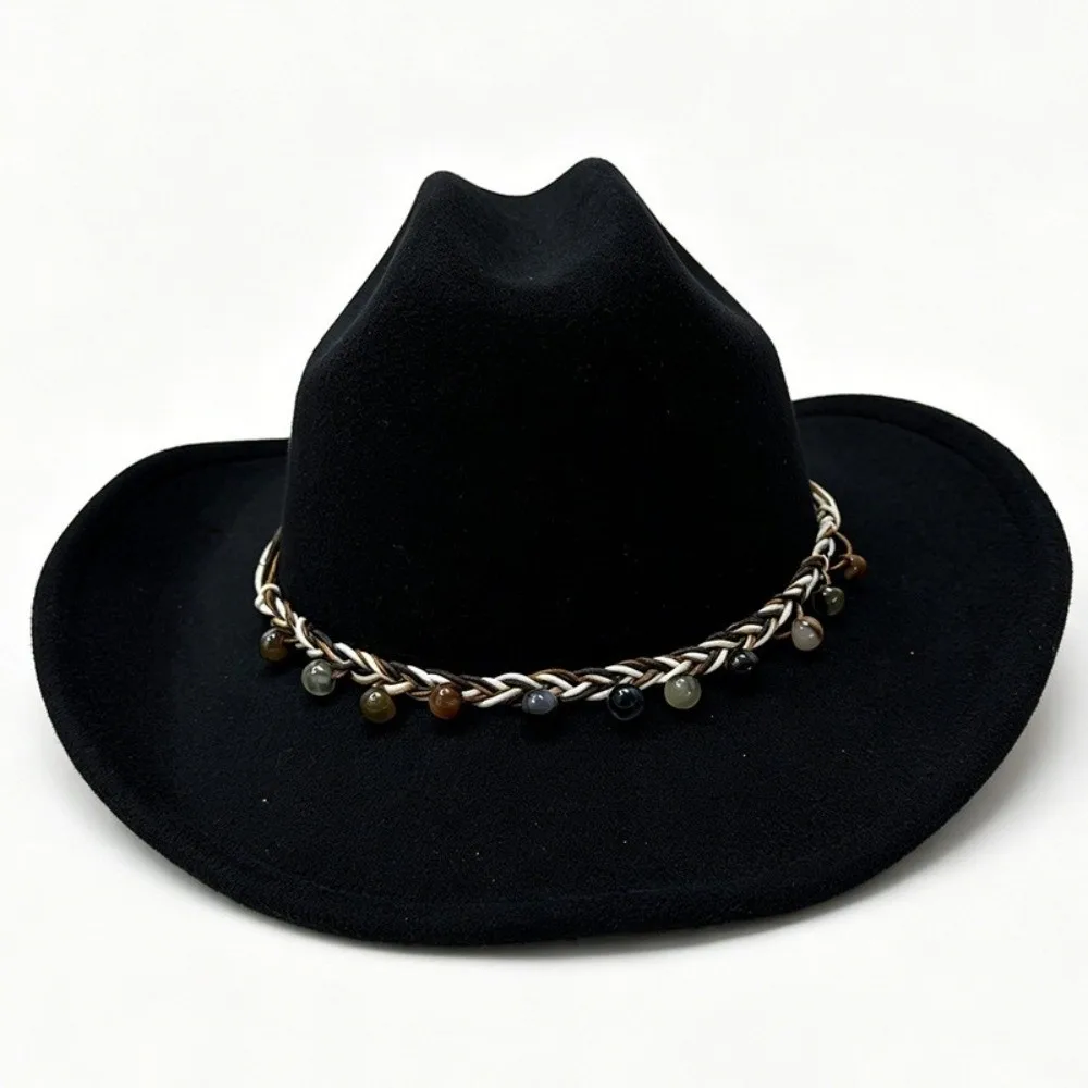 New Felt Cowboy Hat Decorative Chain Band Curved Brim Western Hat Structured Crown Vintage Western Style Fedora Hat Women