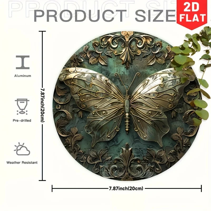 [2D Flat] 1pc 2D Flat Printed Mechanical Feel Butterfly Round Vintage Metal Sign, a Fun Wall Art Decoration, Ideal for Home, Caf
