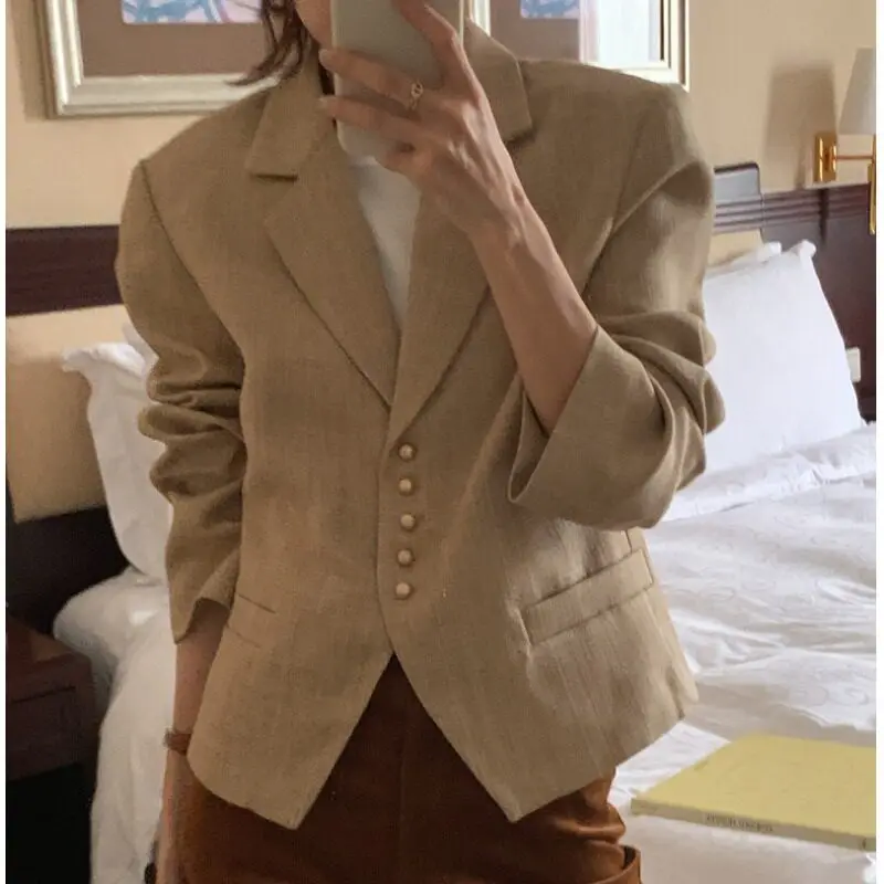 

East Gate Vintage ort Suit Jaet Women's Single Button Ele Sle Casual Loose Fit Long Sve Pure Color Polyester Fiber