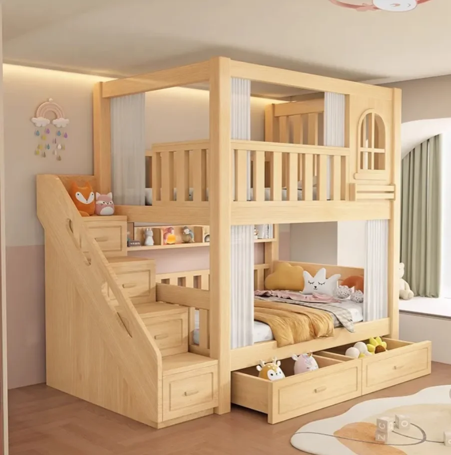 

#Two-Tier Solid Wood Double Children's Bunk Bed Sibling Bed Comfortable & Durable For Bedroom School Hotel Apartment Use