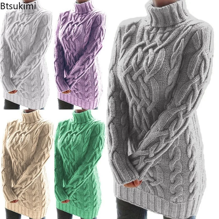 

Women Turtleneck Sweater New Autumn Winter Thicken Long Sleeve Knitted Retro Medium Length Sweaters Ladies Pullovers Sweater